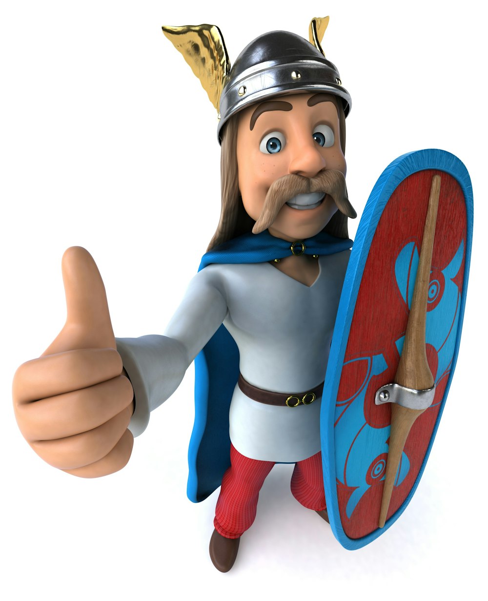 a cartoon character holding a shield and giving a thumbs up
