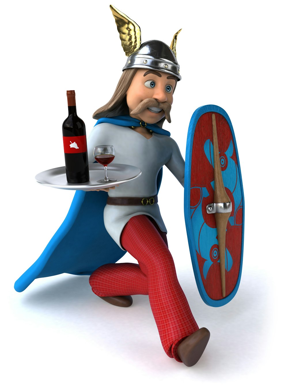 a cartoon character holding a wine bottle and a plate