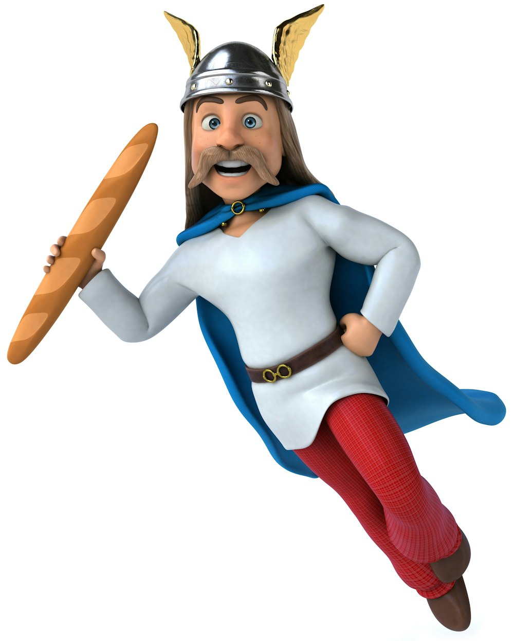 a cartoon character holding a bread and wearing a helmet