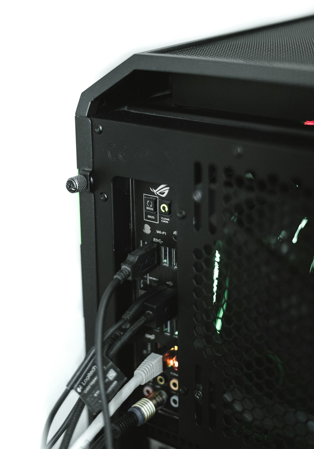 a close up of a black computer case