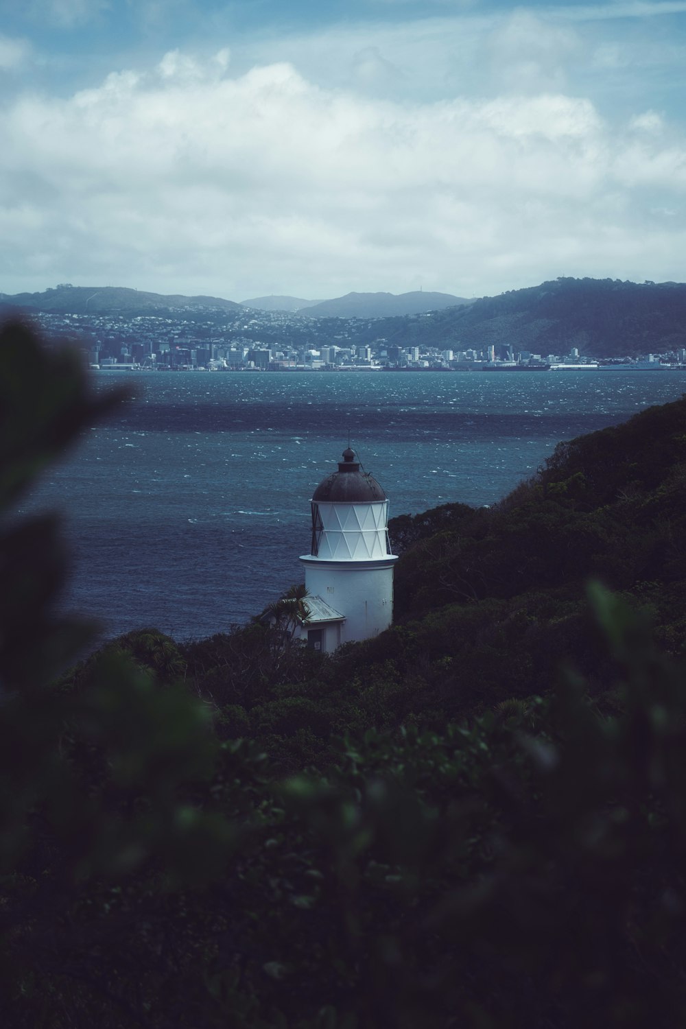 a light house sitting on top of a lush green hillside