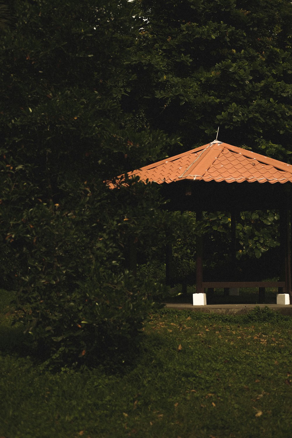 a gazebo in the middle of a grassy area surrounded by trees