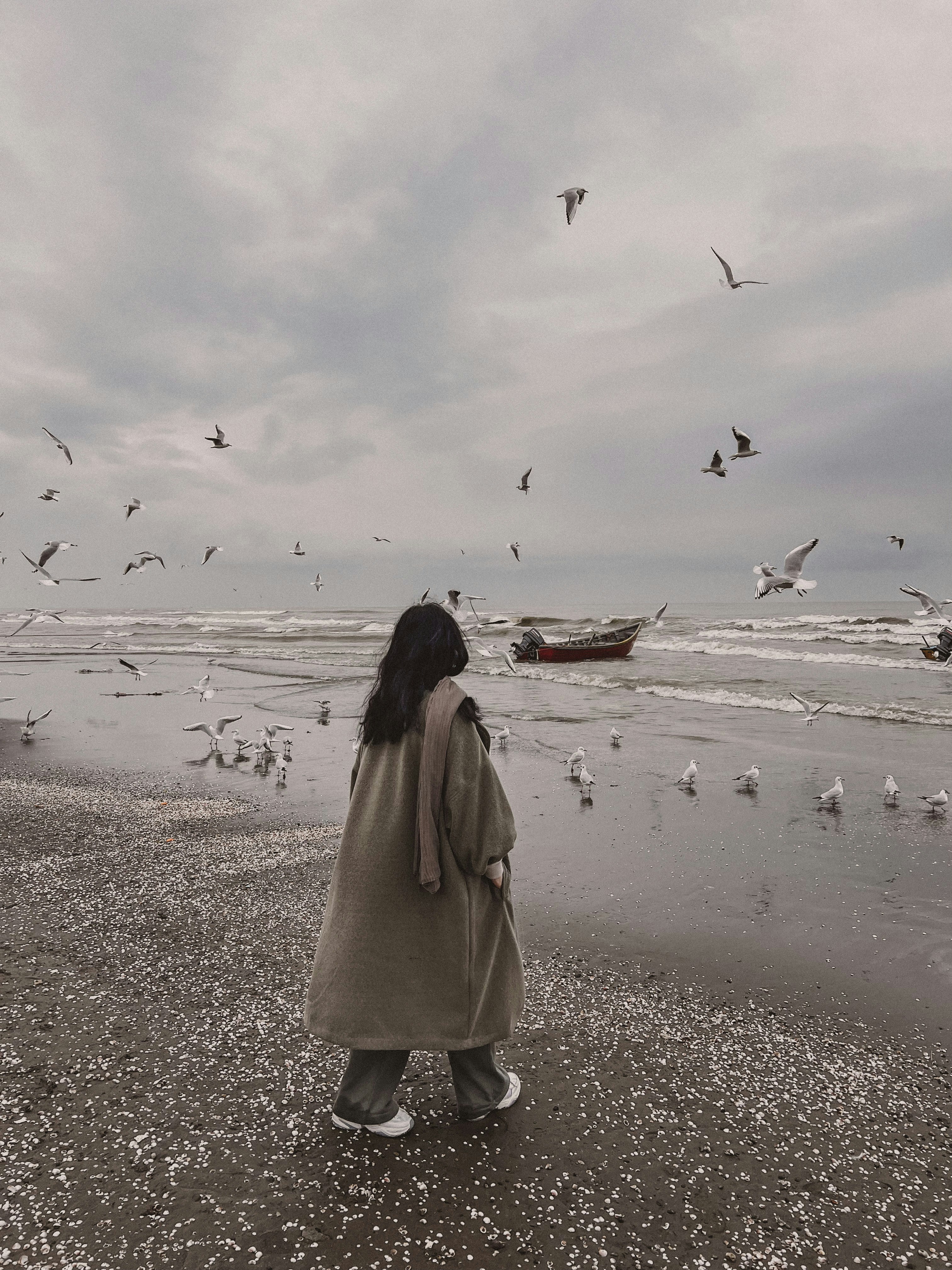 a woman standing on top of a beach next to a flock of birds