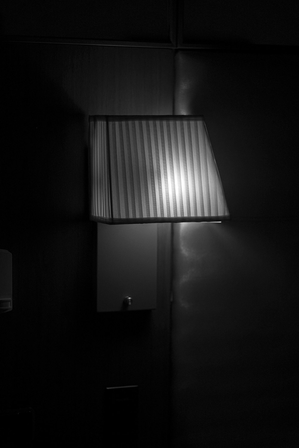 a black and white photo of a lamp in a dark room