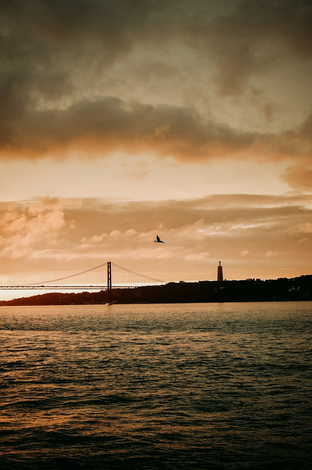 a large body of water with a bridge in the background