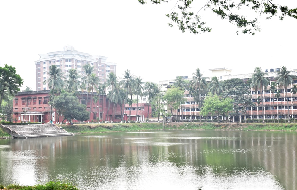 a body of water surrounded by tall buildings