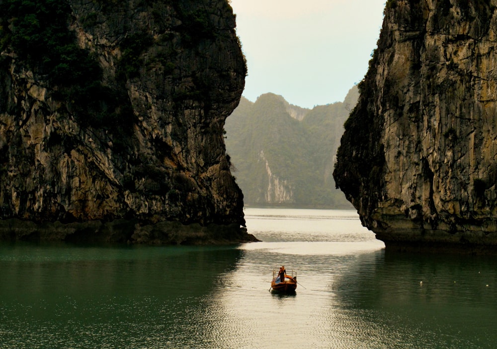 a couple of people in a small boat on a body of water