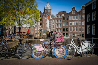 a group of bicycles parked next to each other in Amsterdam
