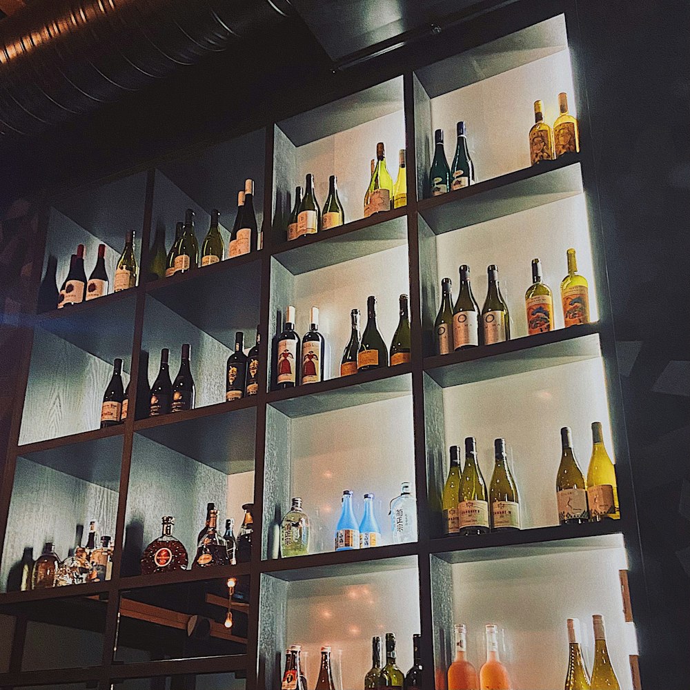 a shelf filled with lots of bottles of alcohol