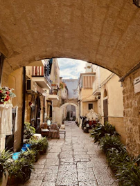a cobblestone street with a stone arch in the middle