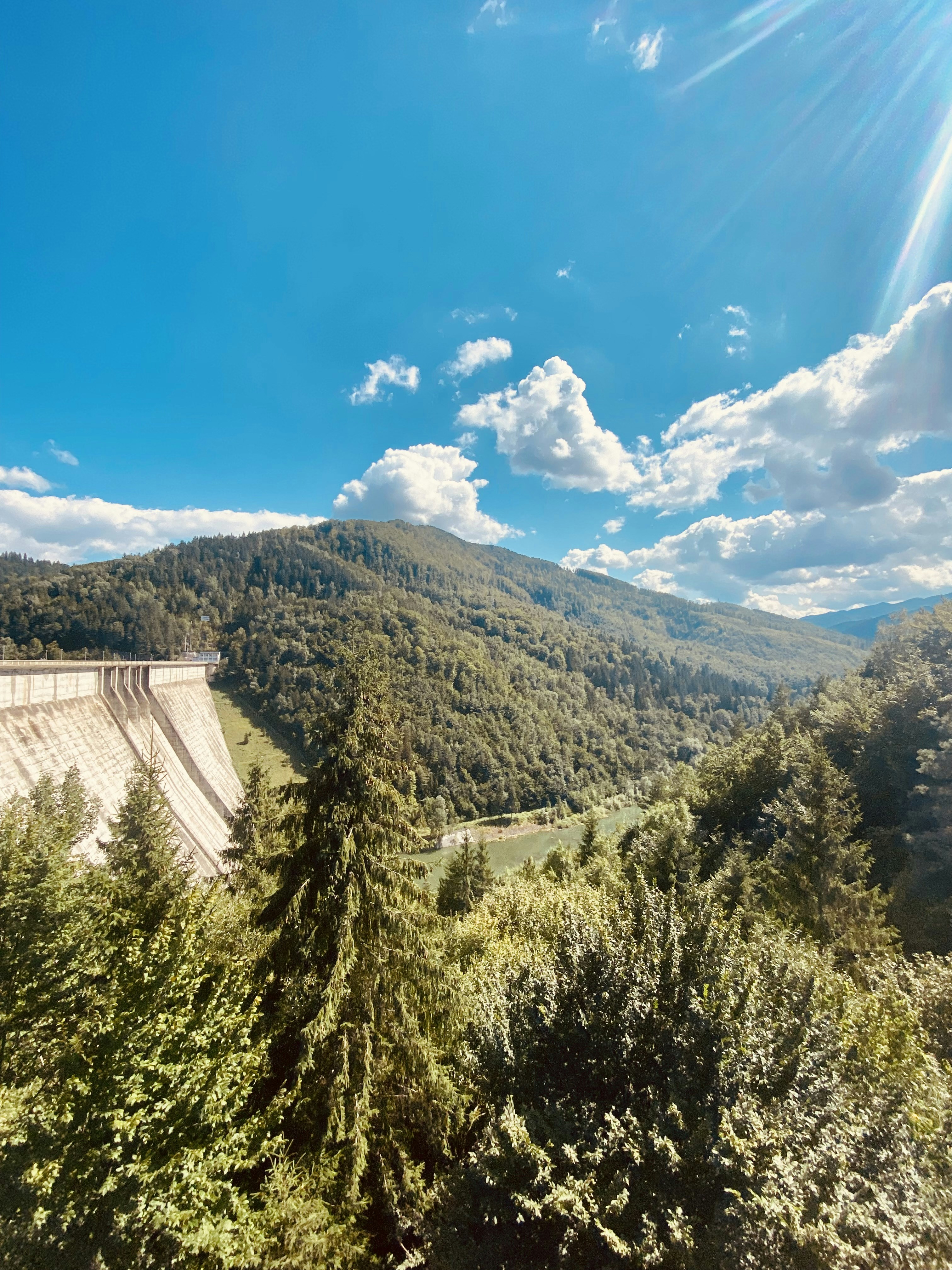 El sol brilla intensamente sobre las montañas y los árboles