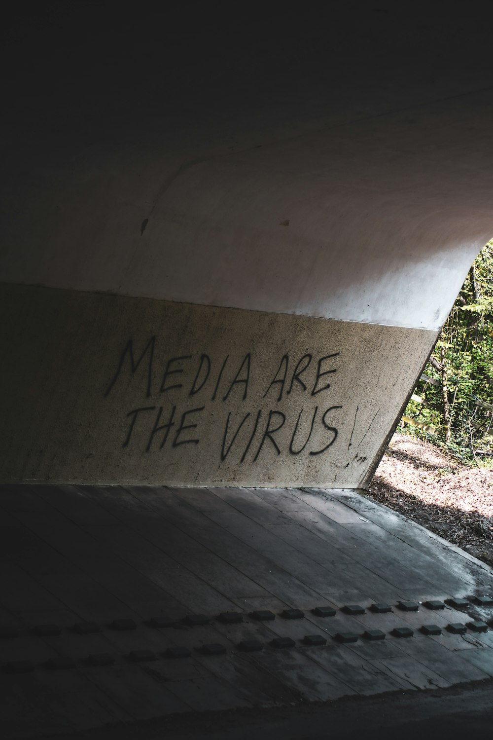 graffiti on the side of a bridge that reads media are the virus