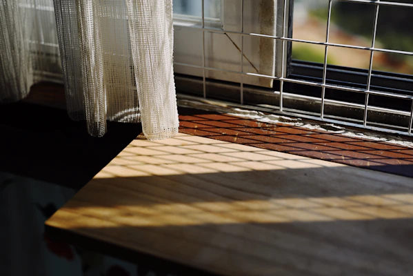 Sunlight streaming through linen window drapes that gently sway in a bright, airy room.
