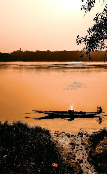 A serene canoe gliding through the lush igapó waters at sunset.