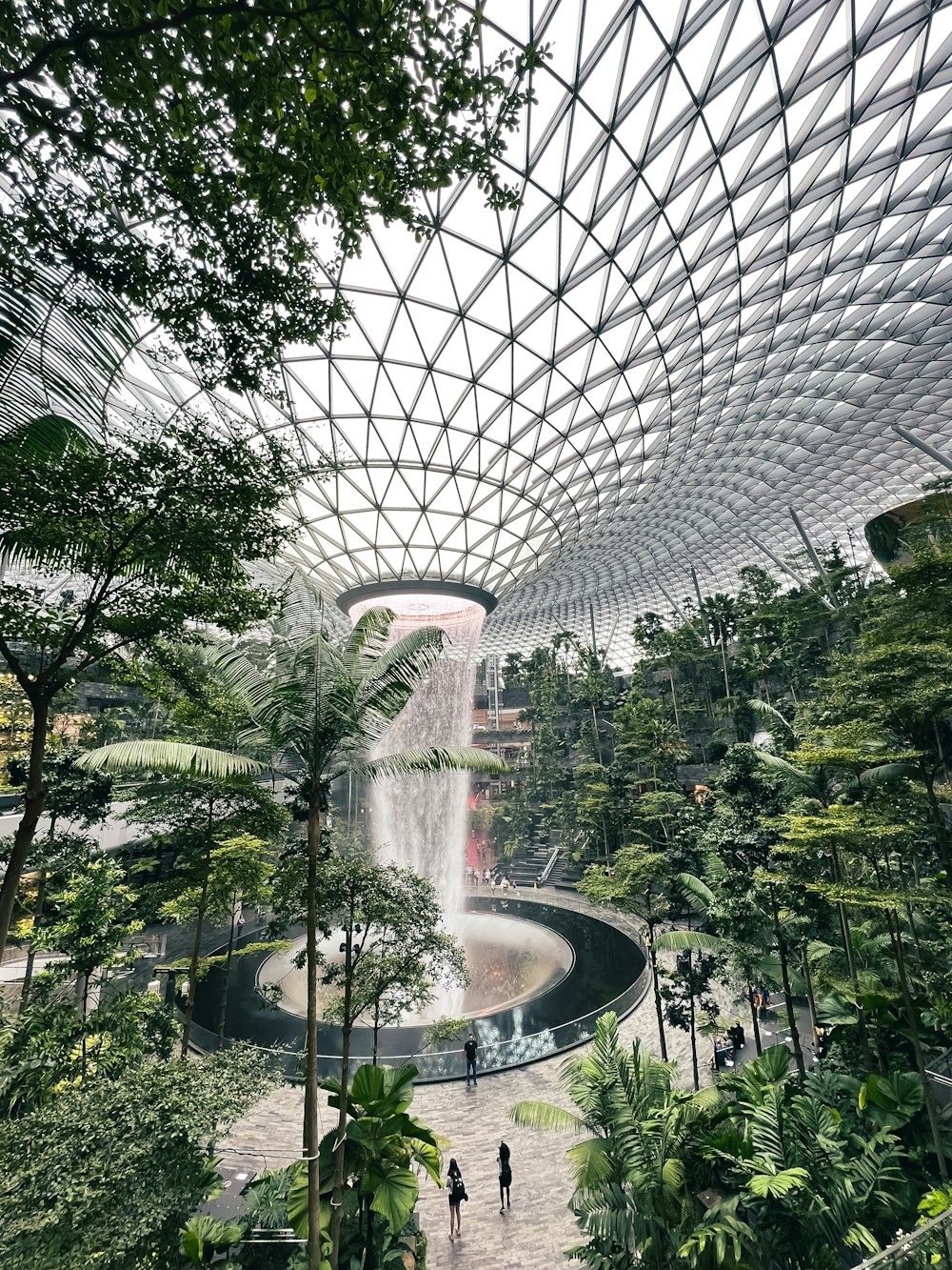 a view of the inside of a building with a waterfall