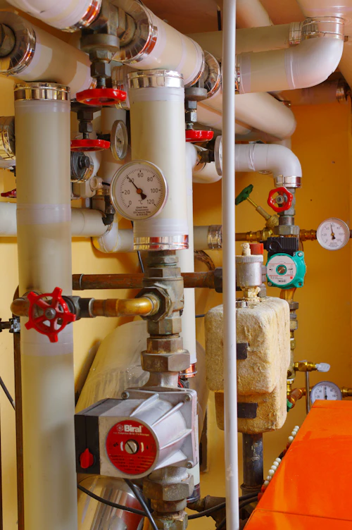 Sala de calderas con bombas circuladoras y manómetros en Concepción