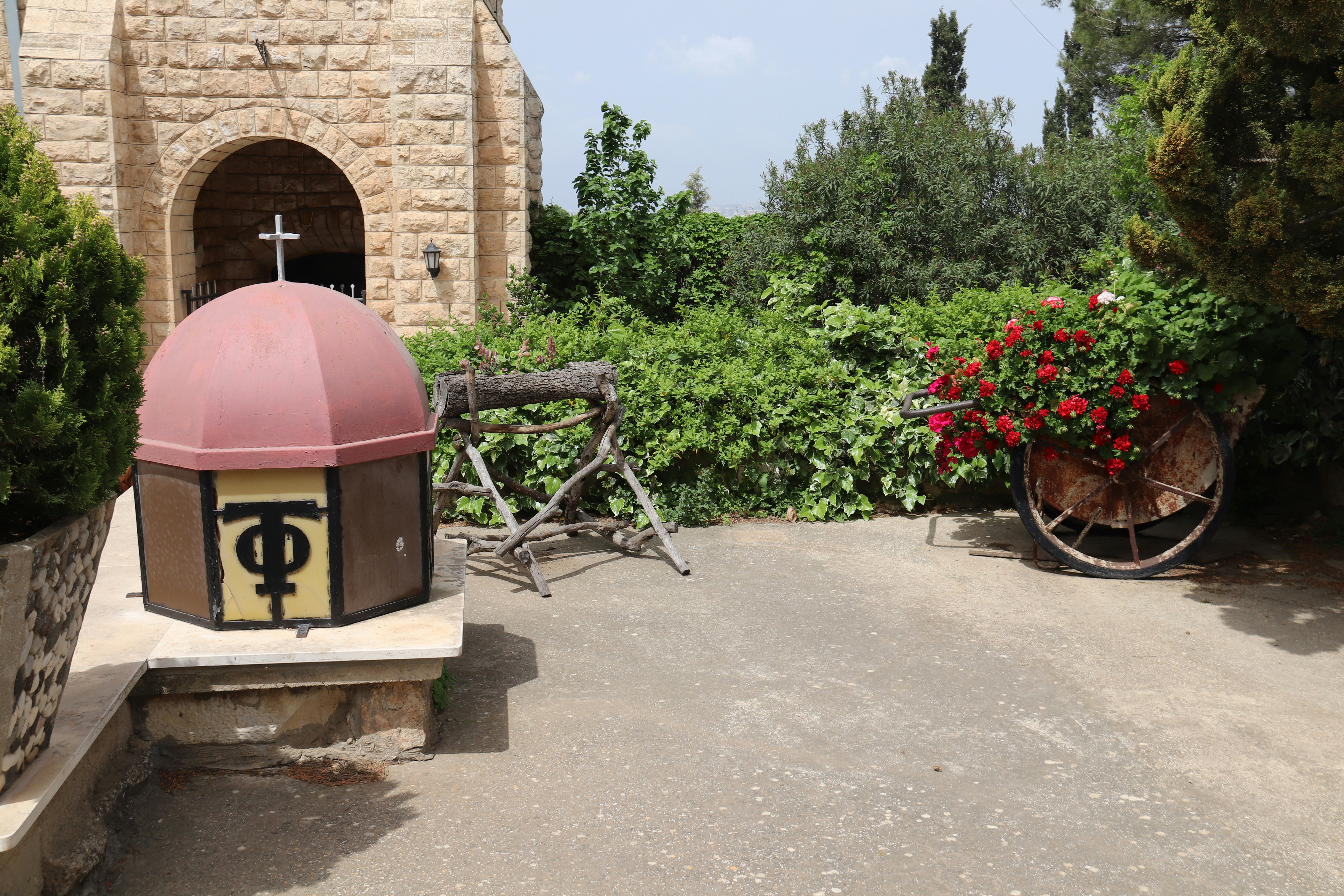 a bike is parked in front of a church