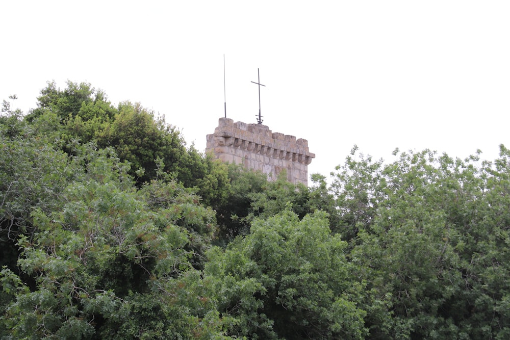 a tower with a cross on top of it surrounded by trees