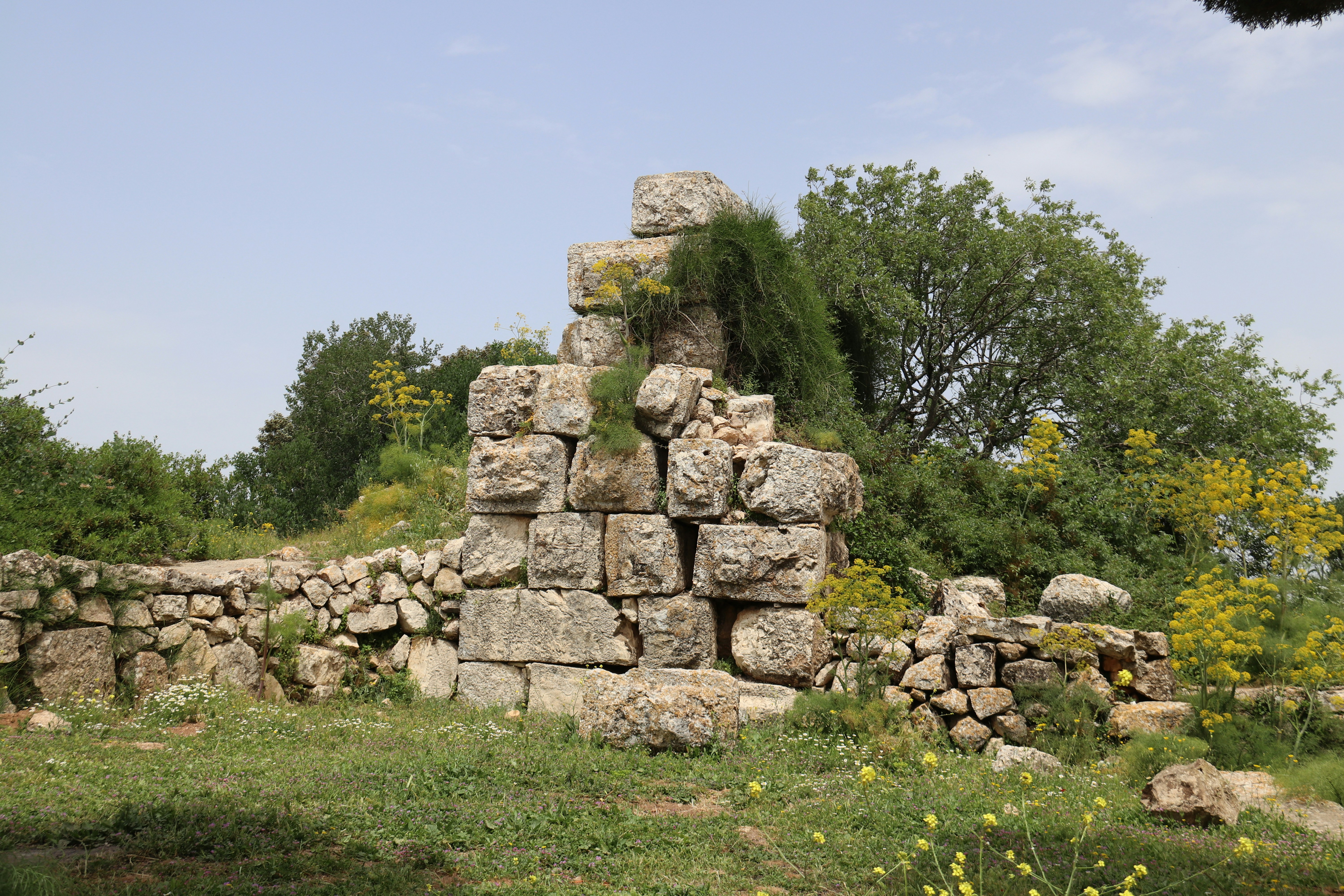 a pile of rocks sitting on top of a lush green field