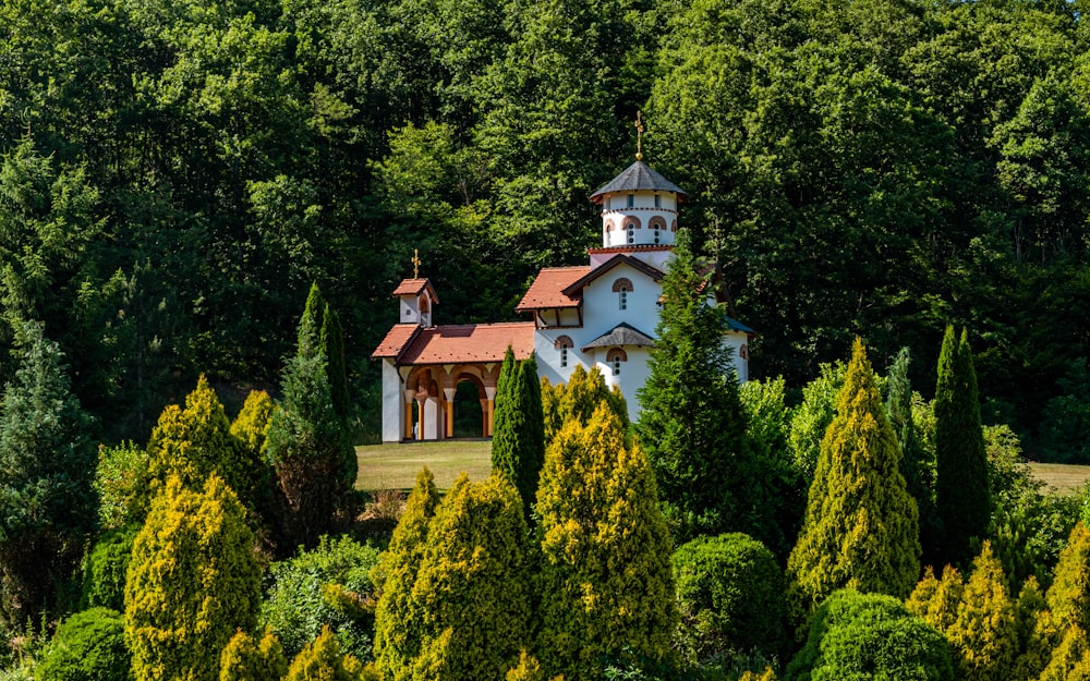 a white church surrounded by trees and bushes