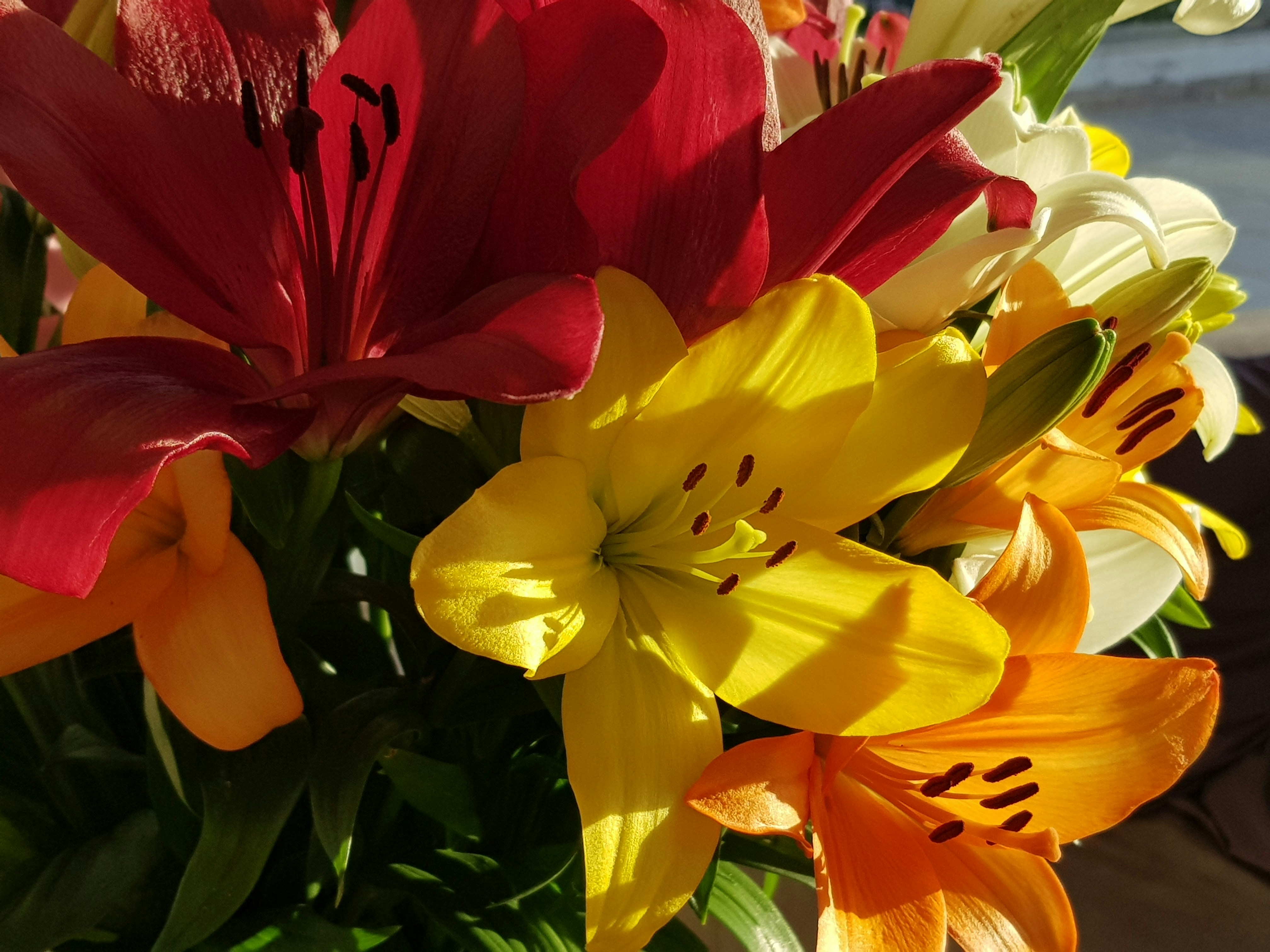 a vase filled with lots of different colored flowers