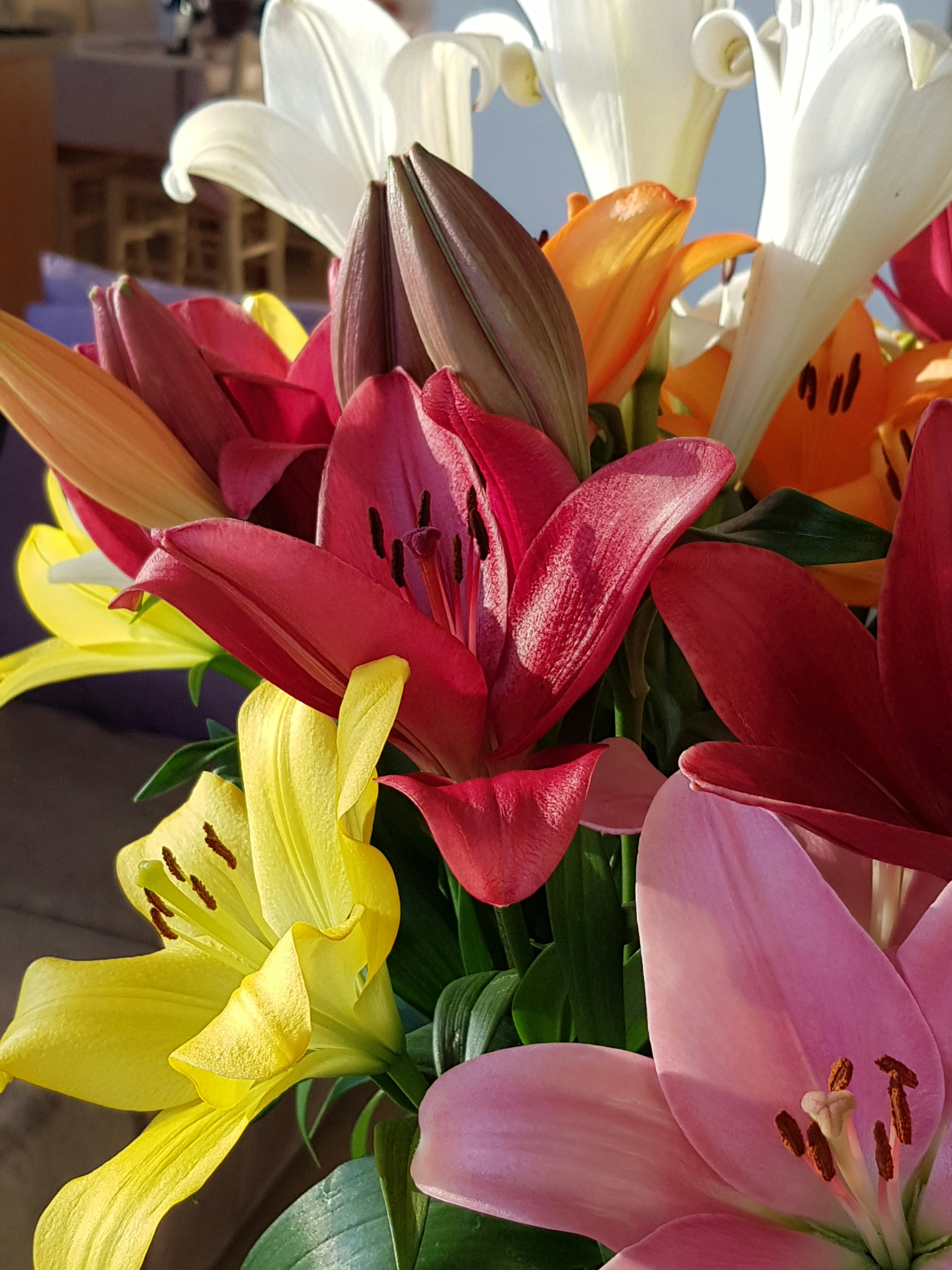 a vase filled with lots of different colored flowers