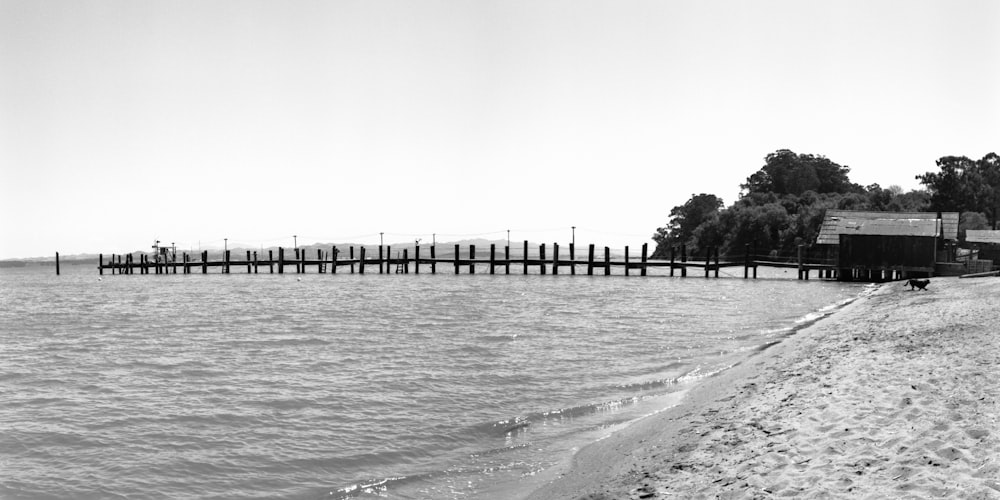 a black and white photo of a pier on the water