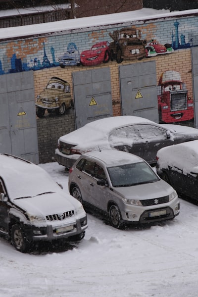 a bunch of cars that are parked in the snow