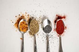 a row of spoons filled with different types of spices