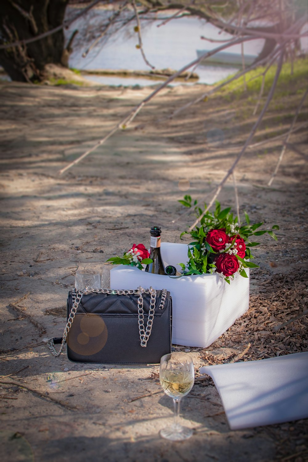 a bottle of wine and a purse on the ground