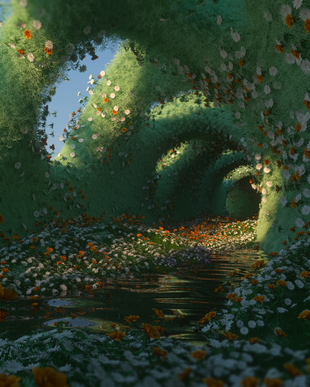 a painting of a tunnel with flowers and butterflies
