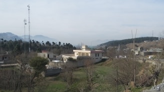 A rural landscape featuring a small settlement with scattered houses and buildings, surrounded by fields and trees. A tall communication tower is visible on the left side, and distant mountains can be seen in the background under a slightly overcast sky.