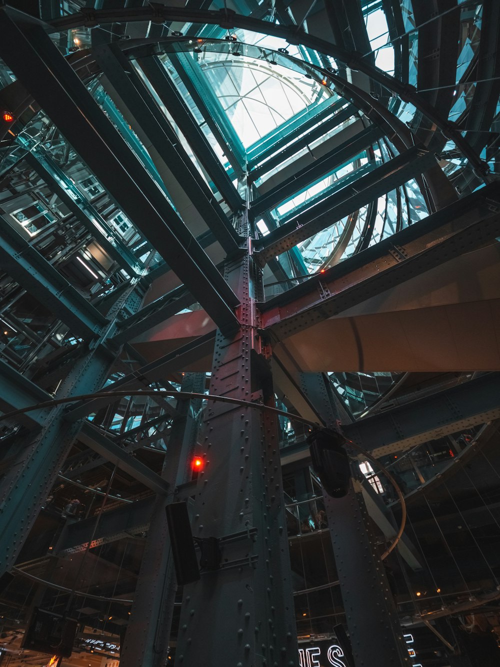 the inside of a building with a clock on it