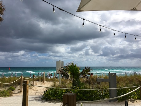 A beach scene features cloudy skies above a vibrant blue ocean, with waves gently crashing onto a sandy shore. Tall grasses and small shrubs line a path with ropes defining the area. Several umbrellas are visible in the distance. String lights hang overhead, adding to the ambiance.