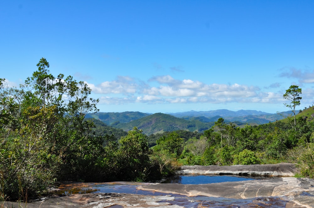 a river with trees and hills in the background