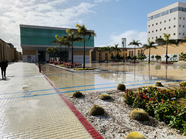 A modern courtyard features a variety of architectural elements, including a prominent building with large windows. The area is lined with palm trees, flower beds, and various types of succulents. The ground is paved and wet, reflecting a recent rain shower. The sky is partly cloudy, suggesting a mix of sunshine and overcast conditions.