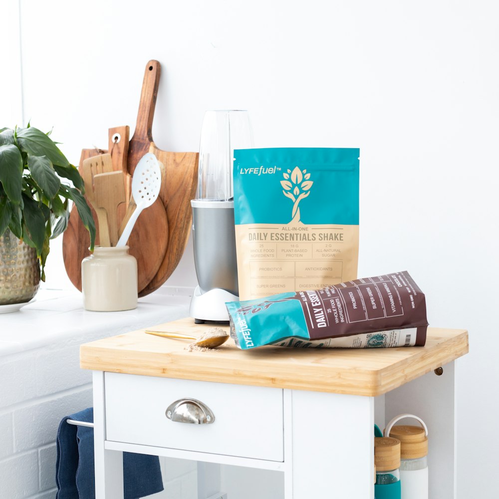 a table with a box and objects on it