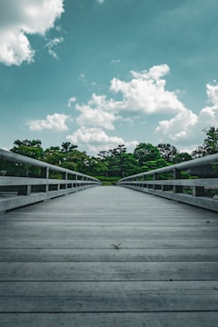a wooden bridge with trees and blue sky