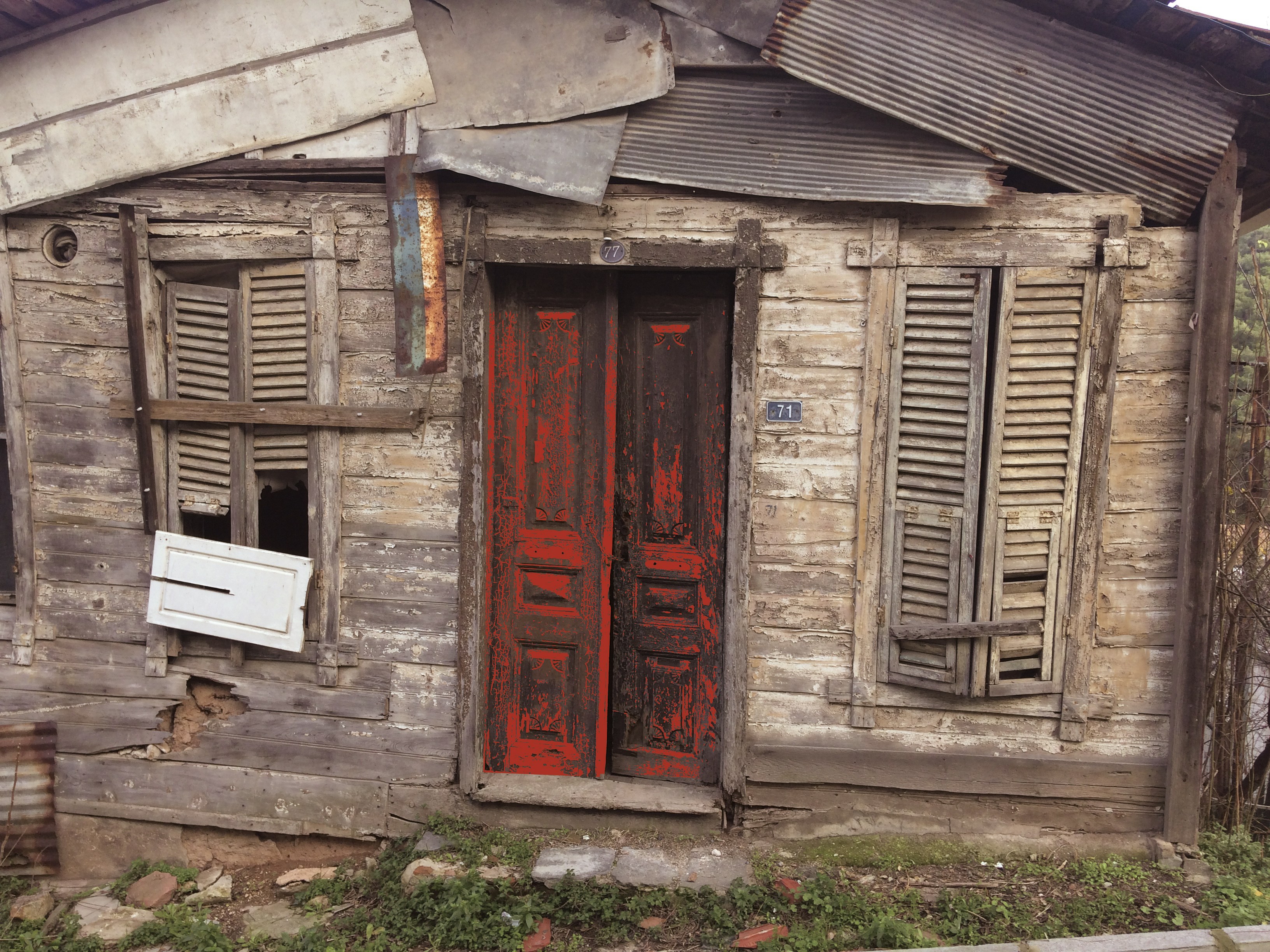 a building with red doors