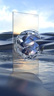 a crystal object floating on top of a body of water
