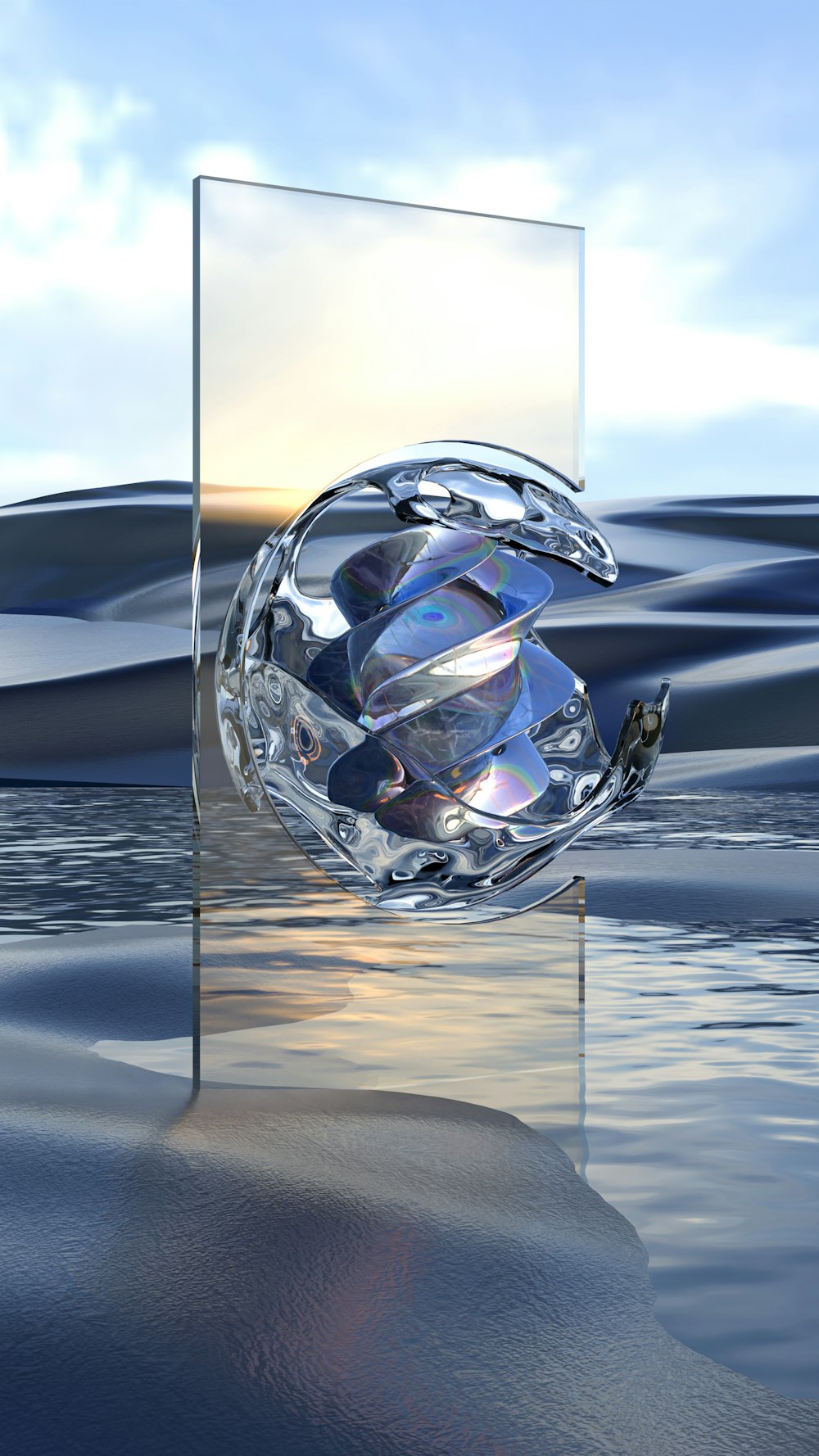 a crystal object floating on top of a body of water