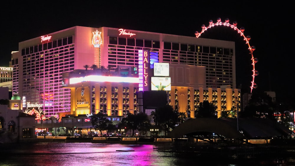 a building with lights on at night