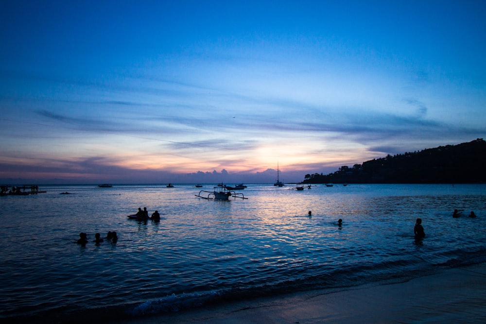 a group of people swimming in the water