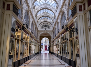 a hallway with many doors and windows
