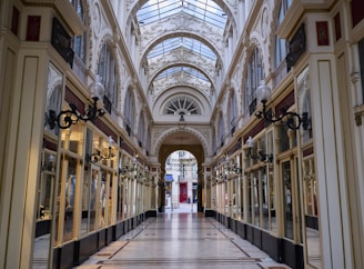 a hallway with many doors and windows