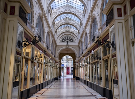a hallway with many doors and windows