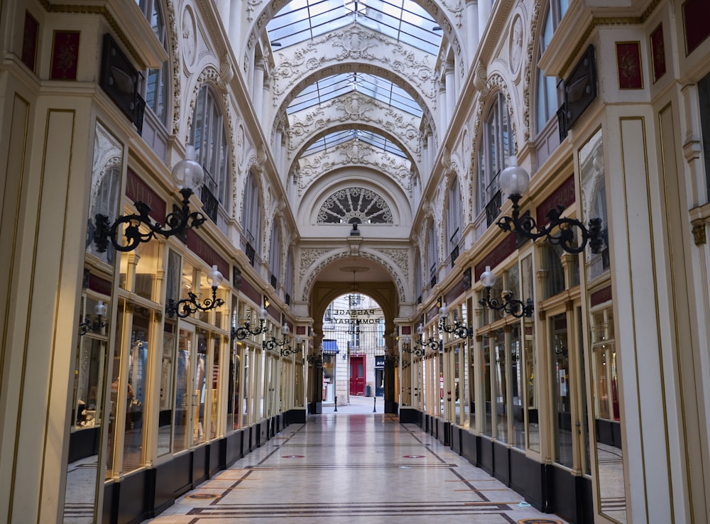 a hallway with many doors and windows