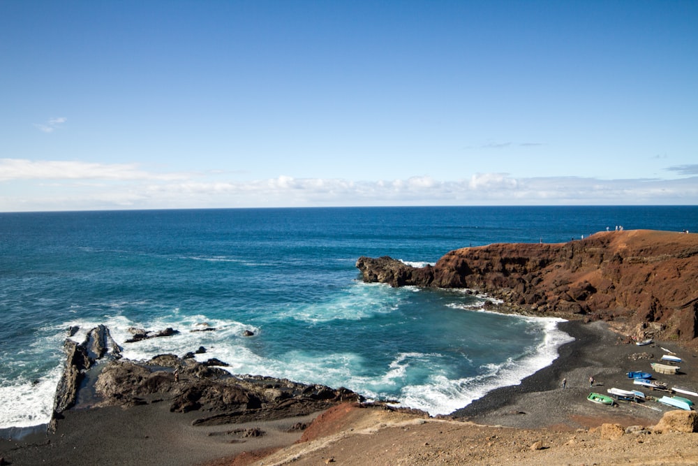 a rocky beach with blue water