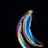 A sleek, glowing blue and purple gradient abstract shape representing innovation.