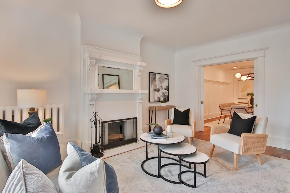 a living room with a fireplace